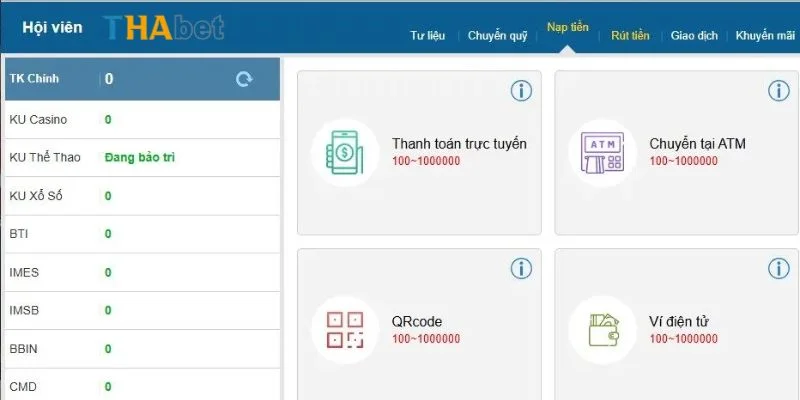 Người chơi có thể chủ động nạp tiền tại Thabet theo nhiều hình thức.
